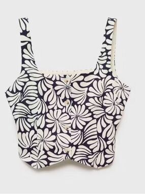 Mango Navy and White Floral Button-Front Crop Top